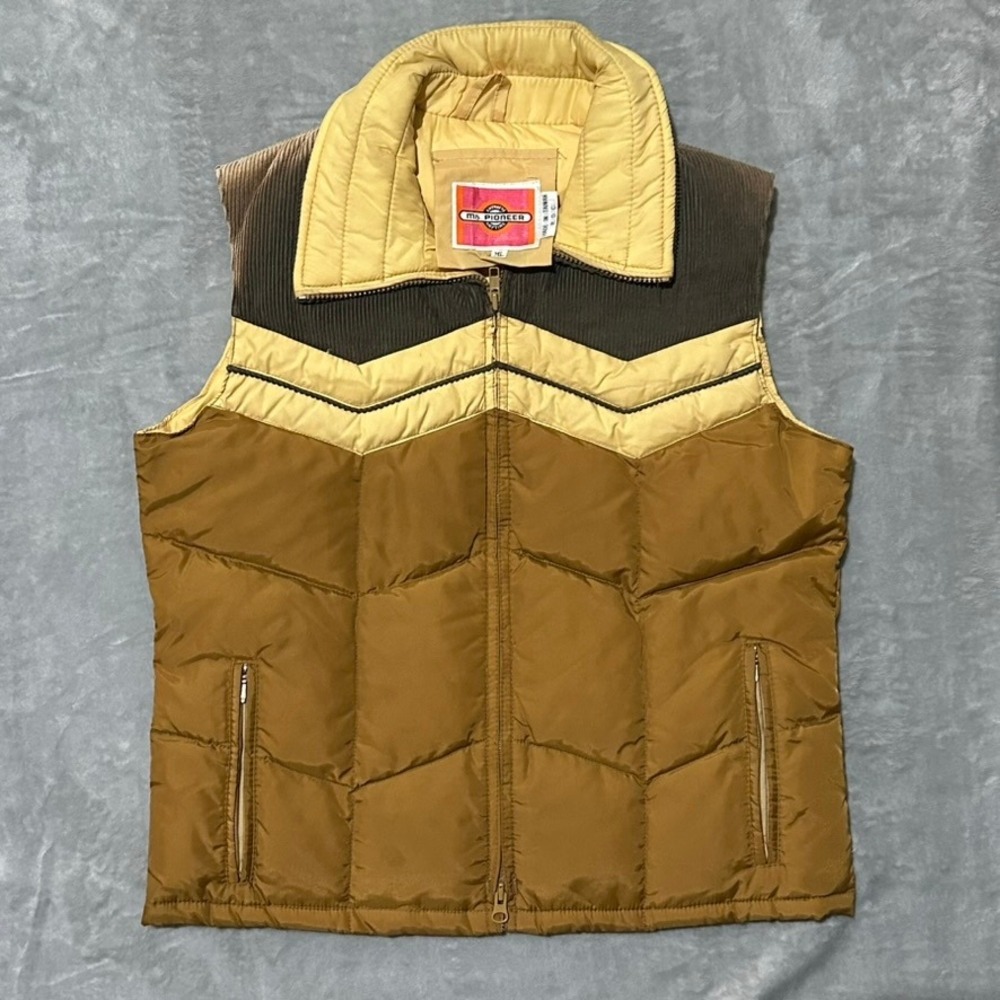 Ms‎ Pioneer Down Vest Puffer Quilted Brown Tan Corduroy Collar Zip Up
